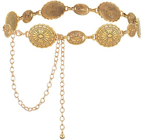 JASGOOD Women Concho Chain Belt Metal Link Western Cowgirl Turquoise Chain Belt for Dress, Gold