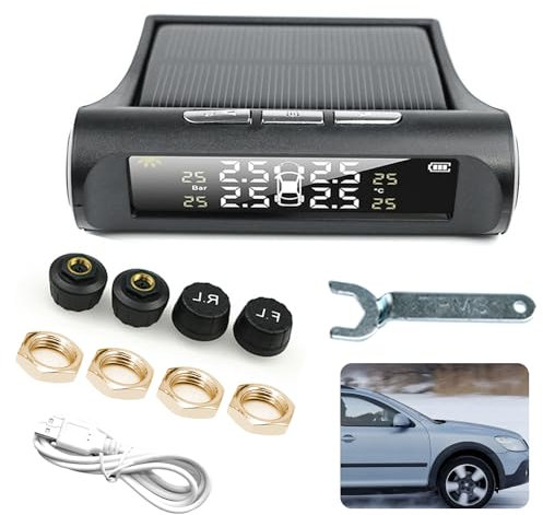 Upgrade Reifendruckkontrollsystem, TPMS Solar Wireless Reifendruckmonitor mit 6 Alarmmodi, Auto Hintergrundbeleuchtung & Smart LCD Display, mit 4 externen TPMS Sensor