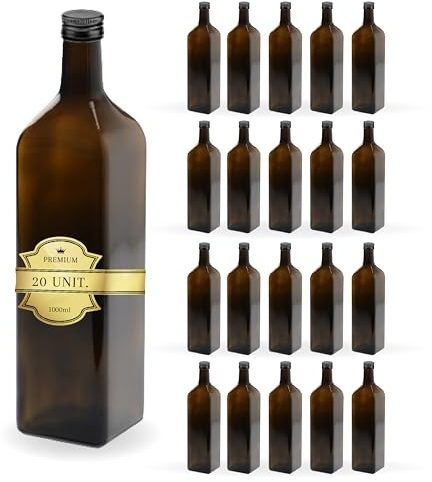 Espirito Rebelde 20 Botellas de Vidrio Oscuro 1000 ml con Tapón de Rosca Negro - Aceite de Oliva, Vinagre, Alcohol - Aceitera de Cristal