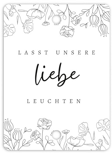 50x Lasst unsere Liebe leuchten Wunderkerzen Hochzeit Etiketten - Schöne, doppelt gelochte Kärtchen für Wunderkerzen und Knicklichter (Blumen, 5 x 7 cm)