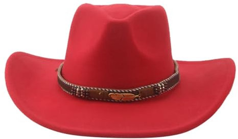 SOYNIA Fedora Trilby Filzhut Hut Fedora-Hüte Für Damen Gefilzter Herrenhut Western-Cowboy-Band Lässig Vintage Breiter Cowboyhut 56–58 cm 1 Rot