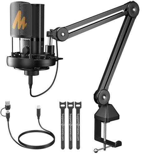 MAONO USB Condenser Microphone-Studio Mic with Shock Mount, Boom Arm, Software, Mute, Gain Knob, Volume Control for Streaming, Recording, Singing, Podcasting, Content Creation, Audiobooks-PM450