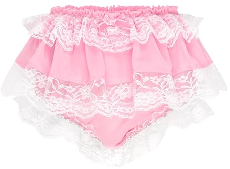 Satini Frilly Lace Sissy Ruffled French Knickers Briefs Lingerie Chiffon Sheer Underwear Panties (Baby Pink, XL)