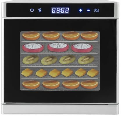 PUDLOR 700W Dörrautomat Edelstahl, 6 Tray Multi Etagen Dörrautomaten Dehydrator mit Temperaturregler, geringeres Rauschen Edelstahl Dörrautomat für Lebensmittel Fleisch Früchte Gemüse (Silber)
