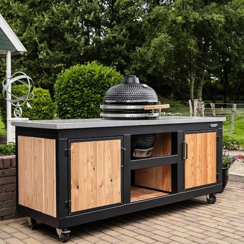 TitanCrafts - The Big Chef Granit Außenküche Outdoorküche wetterfest mit Arbeitsplatte aus Granit dunkel (ohne Aussparung) - Type 1 - inkl. Stauraum, 4 Rädern - für Garten & Terrasse - 210x72x93cm