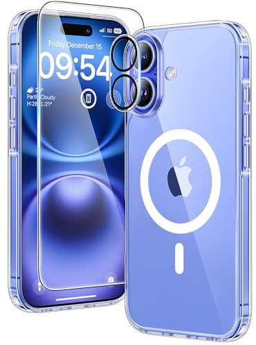 TAURI für iPhone 16 Hülle 6,1 mit Panzer Schutz Glas Folie, Kompatibel mit MagSafe, Schutz nach Militärstandard, [Anti-Vergilbung] Stoßfest Magnetisch Handyhülle - Durchsichtig