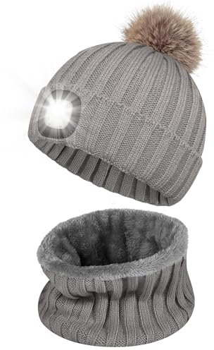 Shedoo LED Mütze mit Licht Herren, Wiederaufladbare USB Herren Strickmütze mit 4 Licht, Beanie Beleuchtete Wintermütze, Warme Stirnlampe Mütze für Joggen, Wandern, Laufen, Radfahren - Dunkelgrau