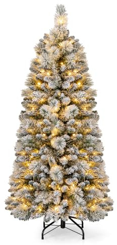 COSTWAY Arbol de Navidad Nevado 150/180 cm, Arbol de Navidad con Luces Incorporadas, 130/170 Luces LED Blancas Cálidas, Agujas de Pino, Arvore de Natal Hogar Oficina Fiesta (150 cm)