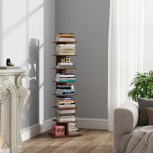 TUTOTAK Schmales Bücherregal, 8-stufiges Bücherregal, Buchregal für kleinen Raum, Eck-Standregal für Wohnzimmer, Büro, Arbeitszimmer, Eingang, Rustikales Braun BS06BB008