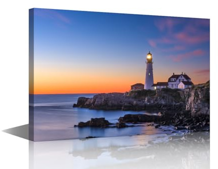 Modern Wall Art for Living Room 1 Panel Portland Head Lighthouse at Sunrise Pictures Print on Canvas for Living Room Bedroom Decoration, Wooden Framed Ready to Hang, 24 Wx16 H