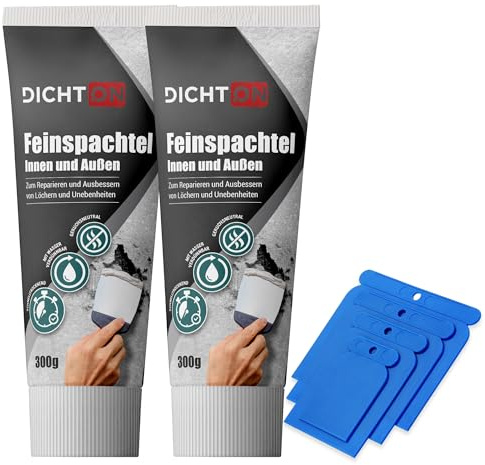 Fin spatel, vit 2 x 300 g med spatelset inomhus och utomhus – vägg och tak, färdig spatel, borrhål och sprickfyllare, spatel för reparation och reparation – snabbtorkande, kan målas över – D.60 W