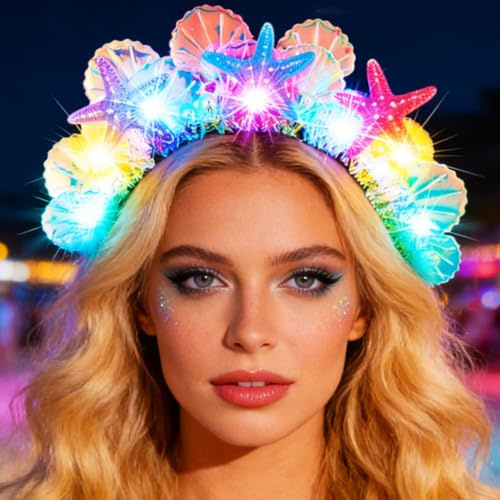 Zoestar Leuchtendes Seestern-Stirnband, LED-Muschel-Stirnbänder, Perlen, Meerjungfrau-Kopfschmuck, Strand-Haarschmuck für Damen