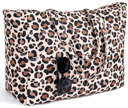 Leo Strandtasche mit Reißverschluss Badetasche XXL Familie Große Beach Bag Shopper Damen, Leicht Faltbare Grosse Schwimmbadtasche, Urlaub Must Have Einkaufstaschen für Reisen Einkaufen Picknick Alltag