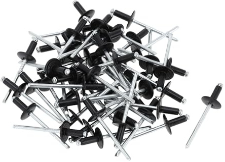 Motoforti Dome Head Large Flange Blind Rivets 4mm Grip Diameter 8mm Grip Length 12mm Flange Diameter Aluminum Alloy Iron Silver Tone Black 50 Pcs