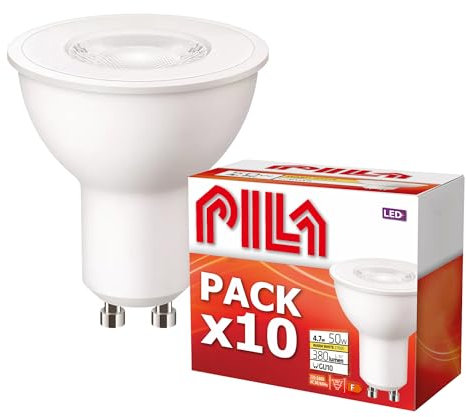 PILA Pack de 10 ampoules GU10 LED, 4,7 W (= 50 W), lumière blanche chaude (2700 K), 400 lumens, 36º (lumière d'accentuation), non réglable, CRI80, durée de vie de 15 000 h