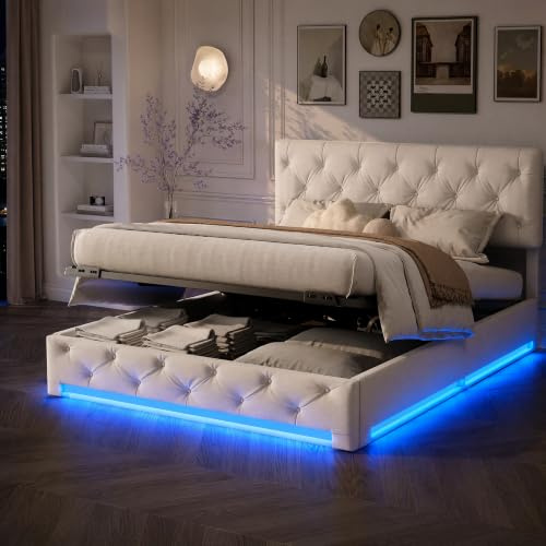 Sängklädsel LED, dubbelsäng 140 x 200 med sänglåda, förvaringssäng med sidohydraulik, klädselsäng, sängram (krämvit, linne, 140 x 200)