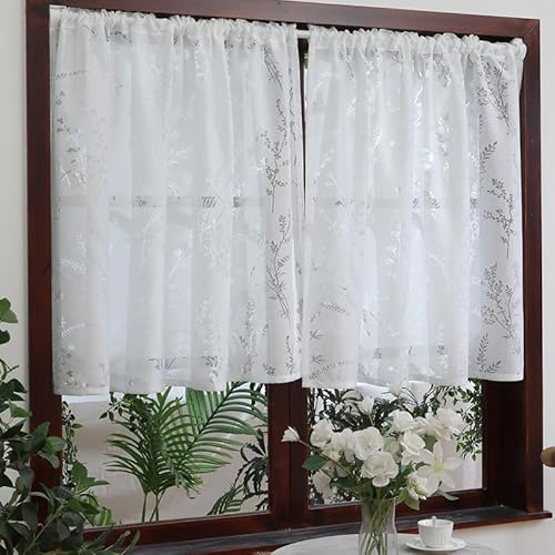 Daliena Rideau brise-bise - Motif feuilles - Semi-transparent - Style maison de campagne - Dentelle - Court - Avec passe-tringle - Pour cuisine et salon - (l x H x H) 60 x 45 cm - Blanc - 1 pièce