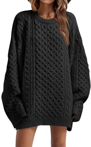 Saodimallsu Maglione da donna a maglia grossa, oversize, girocollo, a maniche lunghe, per l'inverno, casual, Nero , L