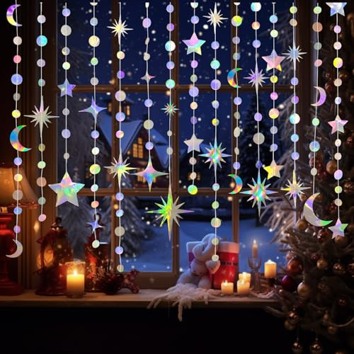 45 Ft Hängende Iridescent Runde und Sterne Mond Girlande Party Deko Kit Deko Geburtstag Girlanden Stern Circle Dots Banner für Geburtstag, Outdoor-Party, Gartenparty, Hochzeit Deko(3.5M x 4)