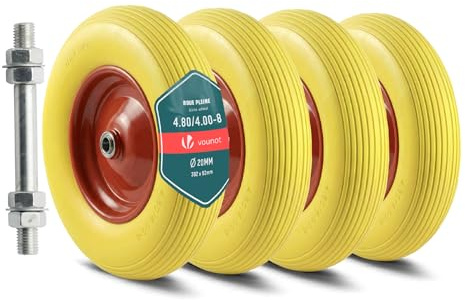 VOUNOT® Set of 4 Puncture-Proof 4.80/4.00-8 PU Wheelbarrow Wheel 392x92mm, 20mm Bore, with Needle Bearings for Hand Trucks, Carts, and Garden Trailers, Yellow