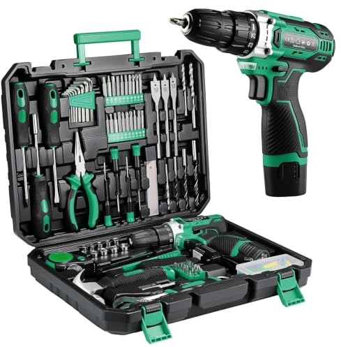 TLGREEN 138-Piece Tool Kit Set,Toolbox with 12V Cordless Drill for Home DIY | 25+1 Torque Levels, 2-speed Gearbox, LED Light, 2000mAh Battery, Corrosion-resistant Alloy, for Home & Professional Use
