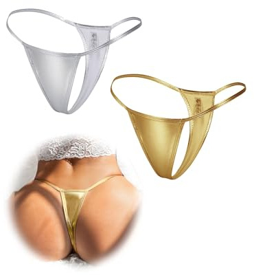 comeondear Dam Stringtrosa PU Läder 2 Stycken Stringtrosa Låg Midja Bikini T-Back Trosor Plus Size Micro Stringtrosor Mini-String Underkläder Brasilianska Underkläder, 2-silver + guld, S