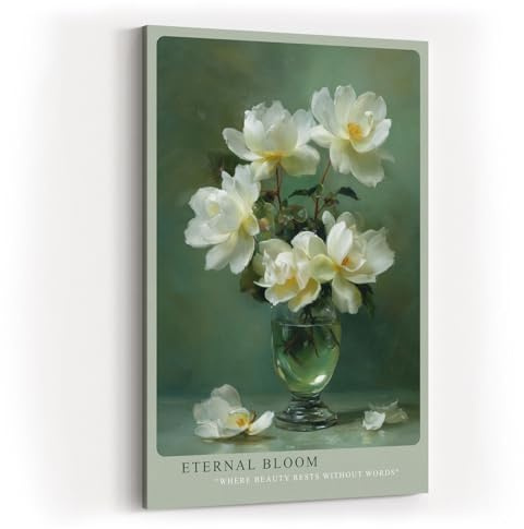 Paul Sinus Wandbild in 80x120cm Eternal Bloom elegantes Stillleben mit weißen Blüten in Glasvase auf grünem Hintergrund