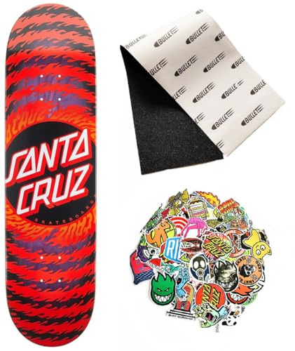 SANTA CRUZ Skateboard-Board 8,5 Zoll, professionelles Deck 7ply mit 20 gratis Skateboard-Stickern und Grip (Flame Ringed Red, 8.5)