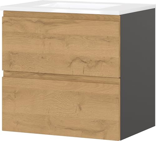 Germania Waschtisch mit Becken 9088-564 GW-Salinas, in Graphit/Grandson-Eiche-Nb., Selbsteinzug der Schubladen, 61 x 61 x 47 cm (BxHxT)