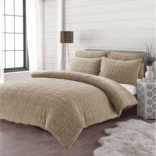 INSAFIANS Luxury Leaves Teddy Sherpa Fleece Duvet Cover – Super Soft Warm & Cozy Winter Bedding Set with Pillowcases (Beige Double)