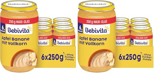 Bebivita Apfel Banane mit Vollkorn (6 x 250g), ab 6. Monat, ohne Zuckerzusatz, mit wertvollem Getreide, fein püriert und babygerecht mild (Packung mit 2)