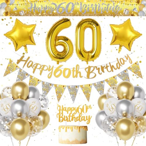 Decorazioni Compleanno 60 Anni Uomo Donna, Oro Argento Palloncini Compleanno 60 Anni, Striscione Buon Compleanno, Numero 60 Palloncino Oro e Argento Decorazione Festa per 60 Uomo e Donna