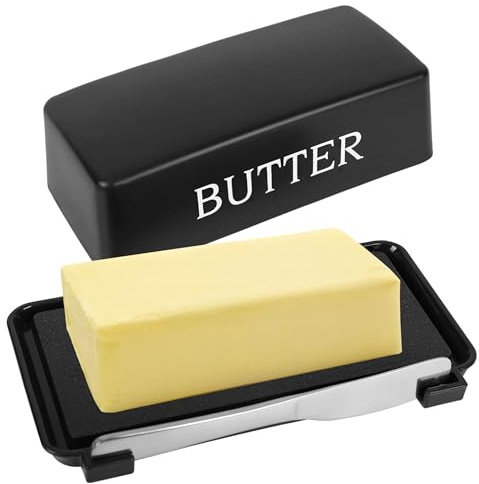 Butter Dish with Lid, Butter Dish Keeper with Cover and Knife for Countertop and Refrigerator, Light PP Butter Holder Tray, Dishwasher Safe, Butter Keeper for Butter Cheese Snacks Cream (Black)