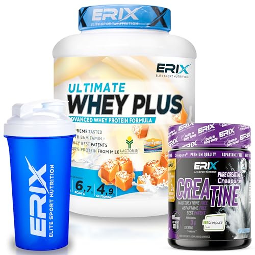 ERIX Nutrición Pack Musculación Whey Ultimate Plus 2Kg+ Creatina Creapure Neutra 300g+ Shaker, Proteína Suero de Leche para Rendimiento Deportivo y Volumen Muscular (Caramelo salado)