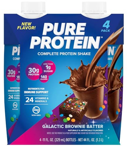 Puro Proteico Frullato, Bevanda Proteica a Basso Contenuto di Zuccheri con Vitamine e Minerali, Senza Glutine, Brownie Galattico, Confezione da 4 (325 ml)
