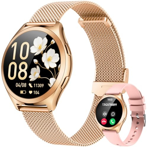 Gold Smartwatch Damen Armbanduhr Rund: Smart Watch Damen 1,27 Klein Duenn Touchscreen Metallarmband mit Telefonfunktion Schrittzähler Schlafmonitor Herzfrequenz Blutdruck Wasserdicht Sport Fitnessuhr