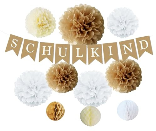 Einschulung Deko Schulkind 2026 Mädchen Junge 11 Stück Schulanfang Deko Set mit SCHULKIND Girlande, Wabenbälle und Pompons Einschulungsdeko Geschenke zur Einschulung Endlich Schulkind