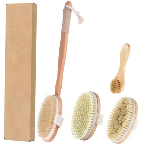Kronabelle Trockenbürste, natürliche Wildschweinborstenbürste mit langem Griff, Rückenschrubber, 5-teiliges Körperbürsten-Set für Cellulite und Lymphdrainage, Peeling-Körperbürsten-Set, inklusive