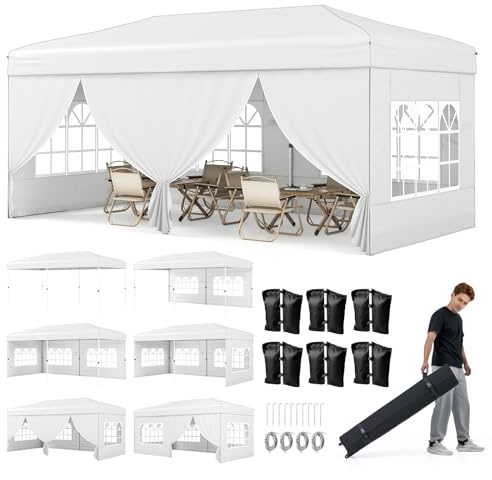 COSTWAY Gazebo da Esterno Pieghevole 3 x 6 m, Gazebo Resistente e Robusto, Tendone Regolabile in Altezza con Pareti Laterali, 6 Sacchi di Sabbia e Borsa, per Feste, Campeggio e Fiere (Bianco)