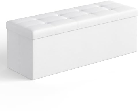 SONGMICS MAZIE Collection - 43 Inches Folding Storage Ottoman Bench, Ottoman with Storage, Foot Rest Stool, Load 660 lb, for Living Room, Synthetic Leather, White ULSF702