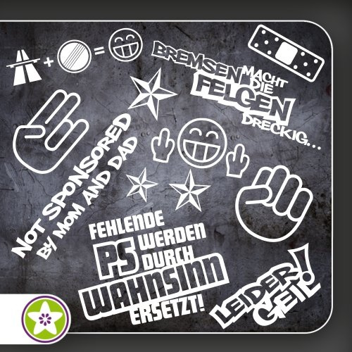 Kiwistar Sticker Bomb Set 01 - Bogengröße: A3 Bremsen…Felgen…, Shockerhand, Autobahnfreak, Fehlende PS…, Leider Geil Auswahl Sammlung Aufkleber Scheibe Tuning Decal