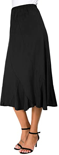 Femmes Elegante Cuir Suédé Elastique Taille Haute Midi Jupe Loisirs A Ligne Bascule Pendule Jupes(XL, Noir)