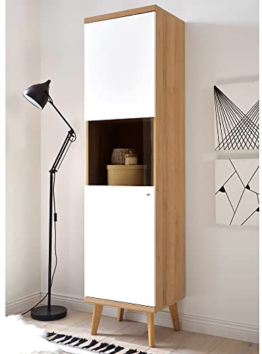 Lomadox Retro Stand-Vitrine weiß matt mit Eiche Riviera Nb. Breite ca.: 50 cm