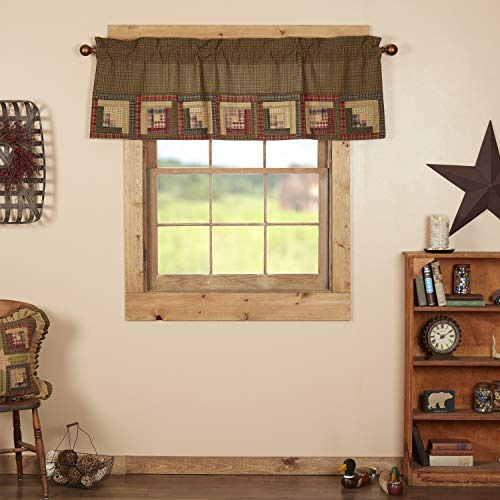 VHC Brands Tea Cabin Rustic 20x60 Log Block Border Valance Green Thanksgiving Rod Pocket Patchwork Cotton Plaid Kitchen Window Curtains