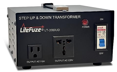 LiteFuze 2000 Watt Voltage Converter Transformer Step Up/Down - 110v to 220v / 220v to 110v Power Converter - Fully USA Grounded Cord - Universal Outlet Socket, 2x US Outlets - CE Certified