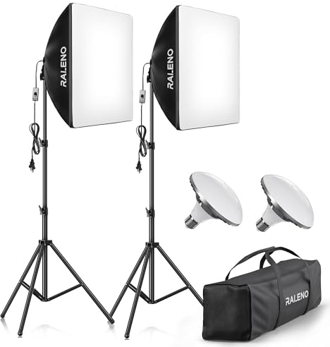RALENO Softbox Lighting Kit (Black Edge), 2×50×50cm Photography Studio Lighting with 50W 5500K LED Bulbs, 97 CRI Light Box Lighting for Video Recording, Studio, Portraits and Product Shooting Youtube