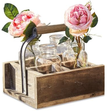 Loberon Vase 4er Set mit Korb Reverie, braun/klar | Schmückende Vintage-Ästhetik, Formschöner Griff, Dekoration, Tannenholz, Eisen, Glas