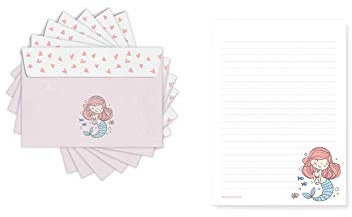 Friendly Fox Kinder Briefpapier Meerjungfrau, 1x DIN A5 Schreibblock mit Linien und 20 Umschläge, Kinder Briefblock liniert Briefpapier Set für Kinder
