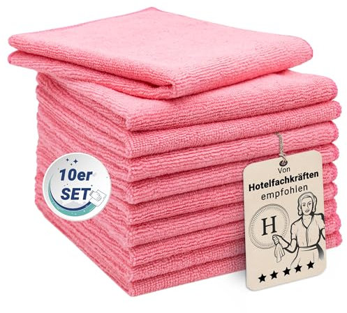 ZOLLNER 10er Set Mikrofasertücher für streifenfreien Glanz - flusenfreie und saugstarke Reinigungstücher - waschbar bis 60°C - 32x32cm in rosa - Hotelqualität