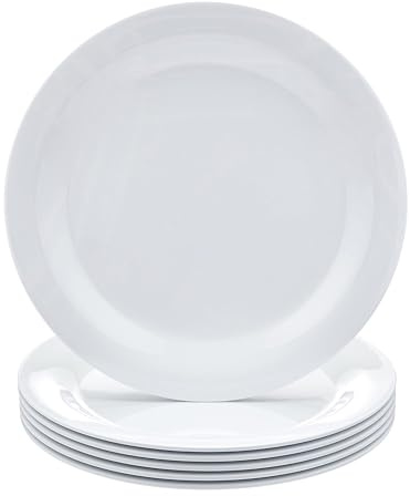 Amazon Basics Melamine Plate, Dishwasher Safe, Food Safe, BPA Free, 10.5 in, White, 6-Piece Set